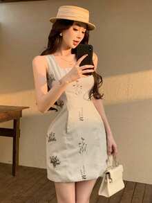 DAZY 春夏花卉印花刺繡背心洋裝，情人節婚禮宴會舞會晚禮服，時尚派對優雅通勤收腰修身短洋裝女款 - 米色 - 查看 11