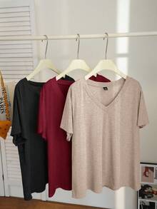 Comfortcana 3pcs/Set Plus Size Casual V-Neck T-Shirts, Spring/Summer - Multicolor - View 1