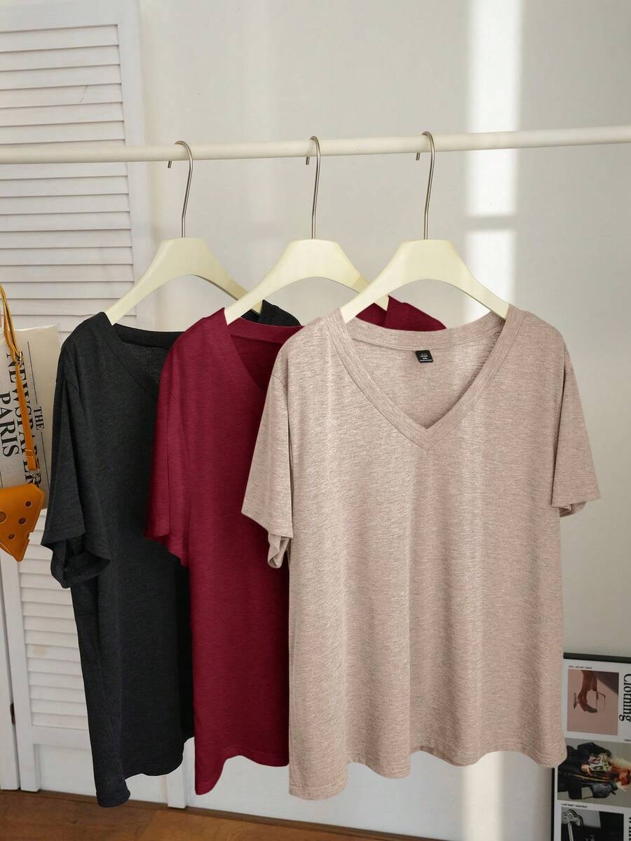 Comfortcana 3pcs/Set Plus Size Casual V-Neck T-Shirts, Spring/Summer - Multicolor - View 1