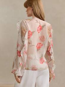 Arave Women's V-Neck Chiffon Fabric Long Sleeve Ruffle Striped Casual Blouse - Apricot - View 4