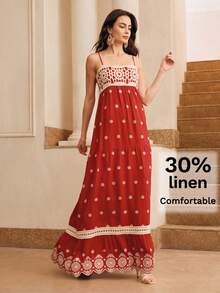 Anewsta 女士花卉刺绣褶皱休闲度假约会连衣裙 - 紅色 - 查看 4