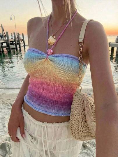 Aloruh 女士露背吊带渐变色休闲百搭针织上衣，适合日常穿着