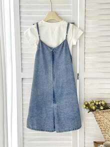 SHEIN Tween Girl Solid Color Knotted Casual Jumpsuit - Medium Wash - View 2