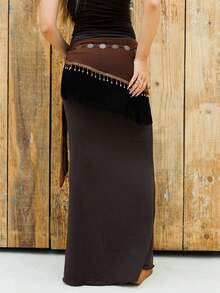 Bela Noronha Spring/Summer Women's Retro Hippie Western Music Festival Paisley Print Drawstring Hem Sheer Beaded Fringe Cover Up Skirt - Brown - View 5