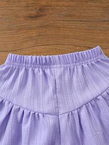 SHEIN 2件套女童圆领泡泡袖T恤+“Born Bright”彩虹标语+花卉装饰+抽绳叠层短裤，活力舒适，适合户外玩耍、日常穿着和休闲聚会的夏季套装。 - 白色 - 查看 8