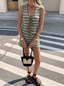 Easowa Bộ đồ nữ hai mảnh không tay cổ chữ V thắt nơ kẻ sọc, kiểu dáng thường ngày, thích hợp cho mùa hè. - Nhiều màu - Xem 4