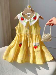 女宝宝夏季可爱黄色格子草莓图案彼得潘领连衣裙 - 黃色 - 查看 3