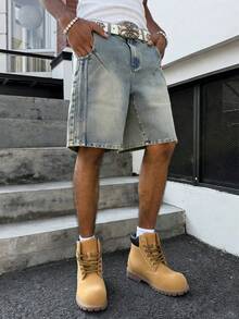 Manfinity EMRG Pantalones cortos vaqueros desgastados de estilo retro para hombres, diseño atlético de estilo callejero estadounidense de hip hop - Azul lavado medio - Ver 3