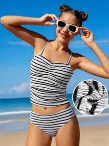 SHEIN Teen Girls' Tankini Bikini Set Set, Black & White Striped, Ruched Front Design With Spaghetti Straps, Sweet & Cool Girl Style, 2pcs, Fashionable Casual Elegant Suitable For Swimming, Summer Vacation, Beach, Pool Cute Swim Suits For Teens Bathing Suits For Teens Full Coverage Spring Summer Picks Striped Swimsuit High Waisted Bikini For Teens Bathing Suits For Teens One Piece Beach Swimsuit Summer Outfit For Women One Piece Swimsuit One Piece Swimsuit For Teens - Black and White - View 4