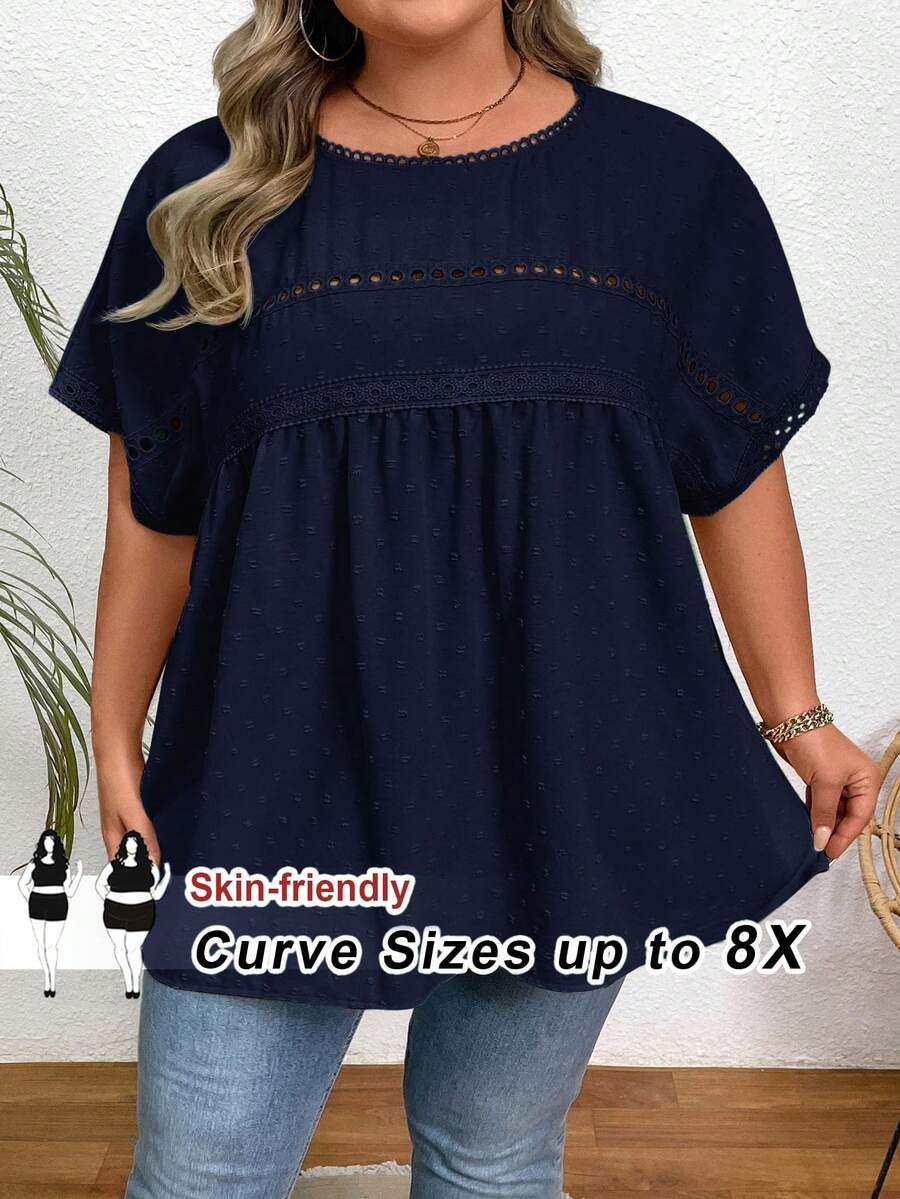 SHEIN CURVE+ 大码休闲度假纯色蝙蝠袖衬衫,夏季/乡村/海滩度假装/海滩装/沙滩服饰 - 藏蓝色 - 查看 1