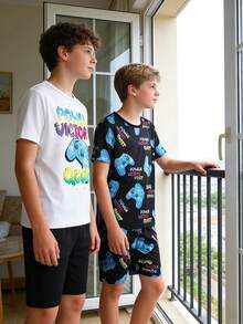 2pcs/Set Tween BoyLetter & Gaming Console Graphic Short Sleeve T-Shirt & Shorts Snug Fit Loungewear Set Snug Fit - Multicolor - View 7