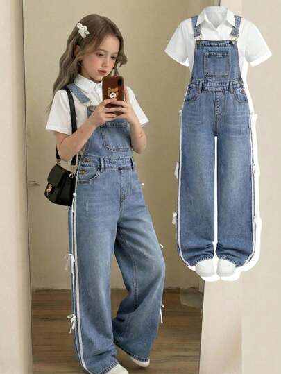 SHEIN Jeans larghi e comodi con fiocchi laterali, stile casual Y2K vintage, per ragazze pre-adolescenti, adatti per abbigliamento quotidiano e outfit da festival e rave per la primavera-estate, nuova collezione SS26