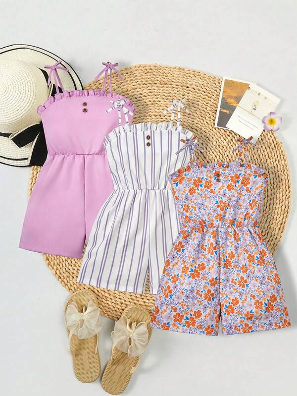 SHEIN Genkimix Kids Bộ 3 món cho bé gái tuổi teen, kiểu dáng thường ngày, họa tiết hoa và sọc, màu trơn, thích hợp cho gia đình nhiều con, đi biển, chơi ngoài trời và đi học.