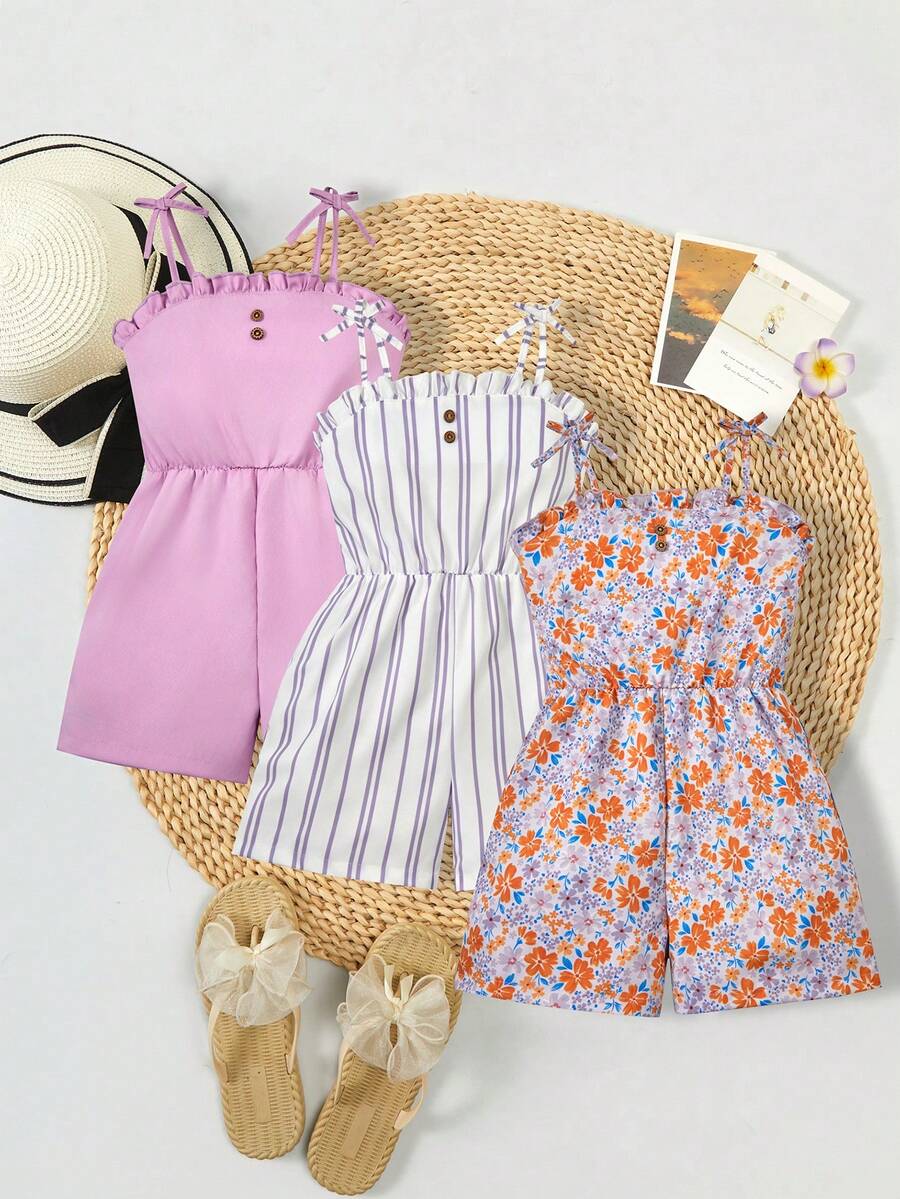 SHEIN Genkimix Kids 3件套少女休闲度假可爱碎花条纹纯色连体衣,适合多子女家庭、海滩度假、户外玩耍、上学等场合。 - 彩色 - 查看 1