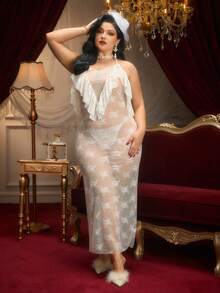PinupPomp Plus Size White Lace Halter Sleeveless Slip Dress Gorgeous Vintage Midi Sheer Lingerie For Women Bridal Elegant Nightwear - White - View 4