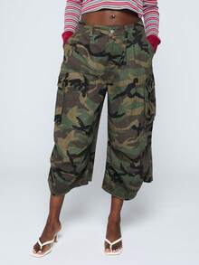 COUREZ Quần lửng cạp thấp dáng rộng họa tiết rằn ri / Trang phục mùa hè phong cách Y2K cho nữ, Trang phục mùa xuân cho nữ, Quần áo mùa hè, Trang phục đi chơi, Quần mùa hè, Quần ống rộng, Quần cho nữ - xanh quân đội - Xem 5