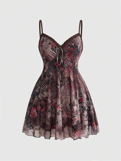 ROMWE Fairycore Summer Dress Bohemian Cashew Flower All-Over Print V-Neck Sexy Plus Size Cami Dress Festival Outfits For Women Elegant Dresses For Women, Country