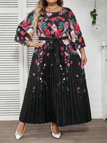 SHEIN CURVE+ 女款大尺碼優雅黑色秋季正式晚宴婚禮賓客印花百褶長洋裝，海邊度假穿搭，適合下午茶派對與畢業典禮 - 黑色 - 查看 5