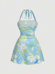 SHEIN MOD 大码蓝色碎花吊带迷你连衣裙，夏季度假连衣裙，沙滩连衣裙 - 彩色 - 查看 3