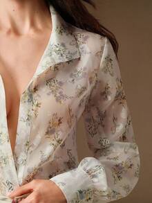 Anewsta 女士优雅印花长袖衬衫，尽显女性优雅气质，适合度假穿着 - 白色 - 查看 1