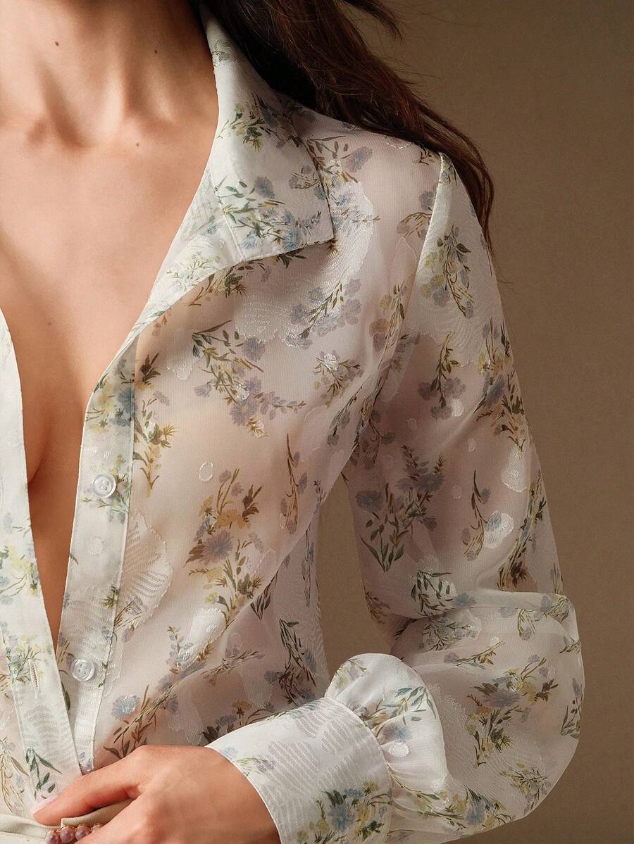 Anewsta 女士优雅印花长袖衬衫，尽显女性优雅气质，适合度假穿着 - 白色 - 查看 1