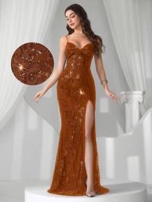 Đầm đuôi cá xẻ tà hở lưng, ren và đính sequin. - màu nâu - Xem 5