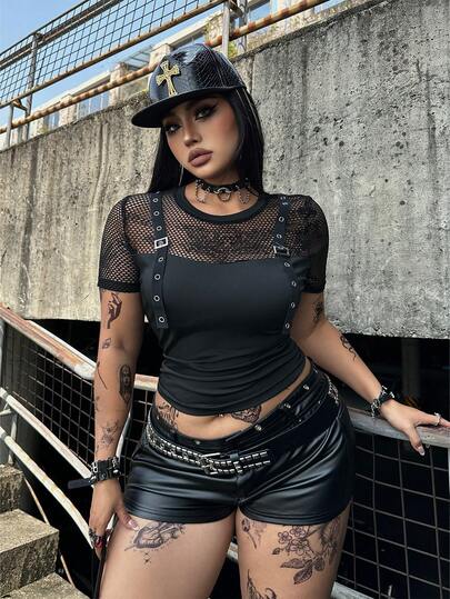 Whyspr Casual Punk Music Festival Coachella Plus Size Punk Eyelet Patchwork Short Sleeve T-Shirt, Spring/Summer