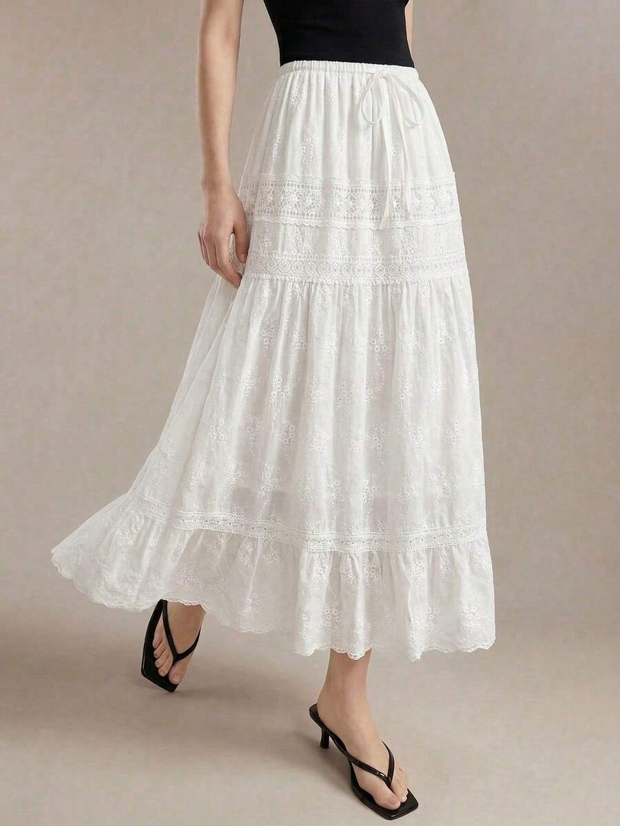 BizChic Falda acampanada nueva de primavera/verano con cintura elástica, cordón ajustable, lazo y parches de encaje bordado. Versátil para la oficina, el transporte, los negocios, ocasiones sociales y estilo Y2K - Blanco - Ver 1