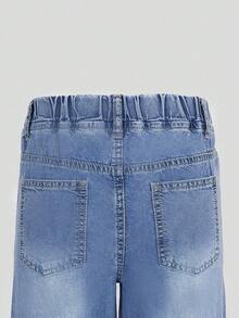 SHEIN 少女牛仔裤，夏季新款，休闲复古浅蓝色牛仔布，松紧腰，爱心刺绣，宽松直筒裤型，柔软透气面料，百搭简约时尚，适合夏季度假、派对、日常穿着、上学、通勤等场合。 - 淺藍色 - 查看 8