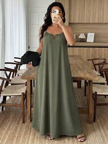 Breezaya Đầm chữ A không tay cài kim loại dành cho nữ, trang phục thường ngày thoải mái, đầm thời trang đi nghỉ dưỡng. - xanh quân đội - Xem 3