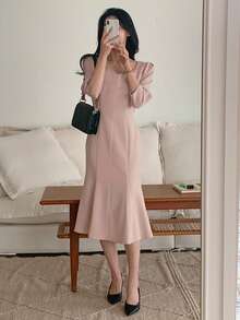 DAZY Women's Collared Waist Cinched Midi Dress, Elegant Commuter Dress In Pink - Pink - View 6