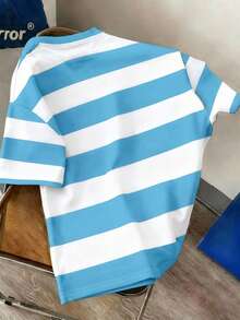 Manfinity Joysei Men's Casual Striped Panda Print Round Neck Short Sleeve T-Shirt, Summer - Blue and White - View 4