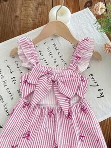 LMoss Kids 女童蓝色条纹蝴蝶结碎花可爱连体衣，荷叶边装饰，镂空蝴蝶后背设计，休闲日常穿着，适合外出、聚会和与朋友拍照。 - 藍白色 - 查看 4