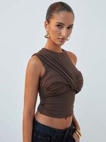 Hauture Women's Elegant Shades Of Brown Summer One Shoulder Ruched Front Twist Cropped Knit Top,Old Money Aesthetic High Neckline Bar Party Date Night Top - Brown - View 3