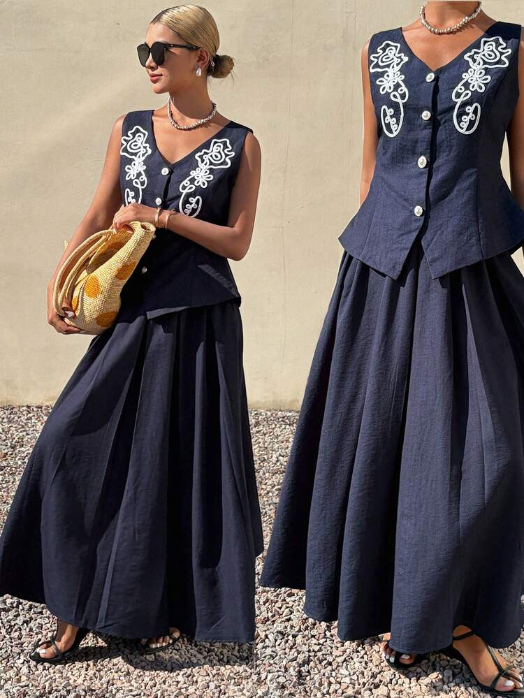 Women's V-Neck Sleeveless Waist Cinched Lace Patchwork Cardigan Top And Long Skirt Elegant Casual 2-Piece Set Summer