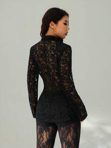 SHEIN PETITE 秋季女装、通勤时尚、秋季女装、秋季必备单品、女士翻领、长袖蕾丝透视修身款、优雅黑色西装外套、女士蕾丝夹克、女士黑色西装外套 - 黑色 - 查看 2