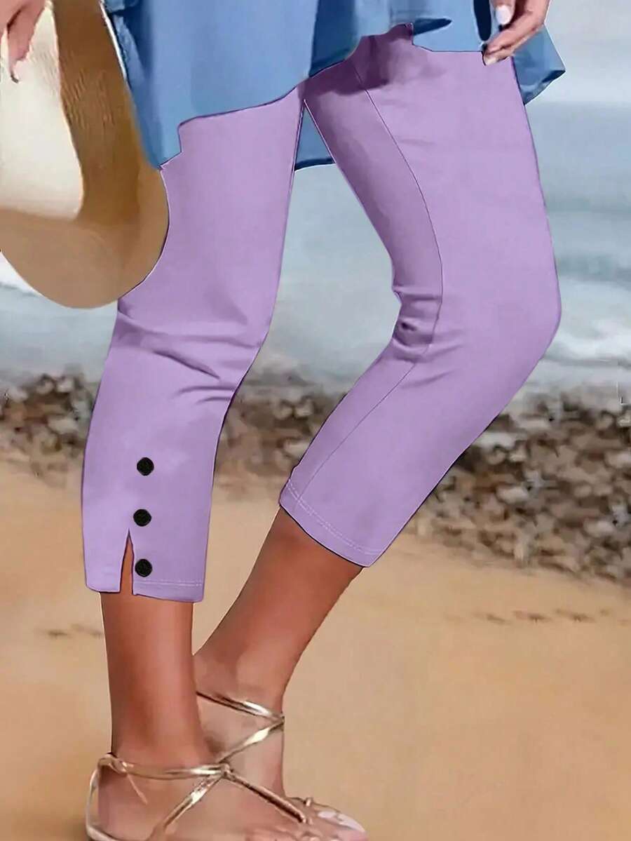 EMERY ROSE Women's Solid Color Minimalist Button Decorated Pants - Purple - View 1