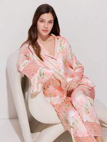 LUVLETTE 优雅性感粉色碎花睡衣套装 - 长袖上衣和蕾丝边阔腿裤，迷人家居服睡衣 - 粉色 - 查看 8