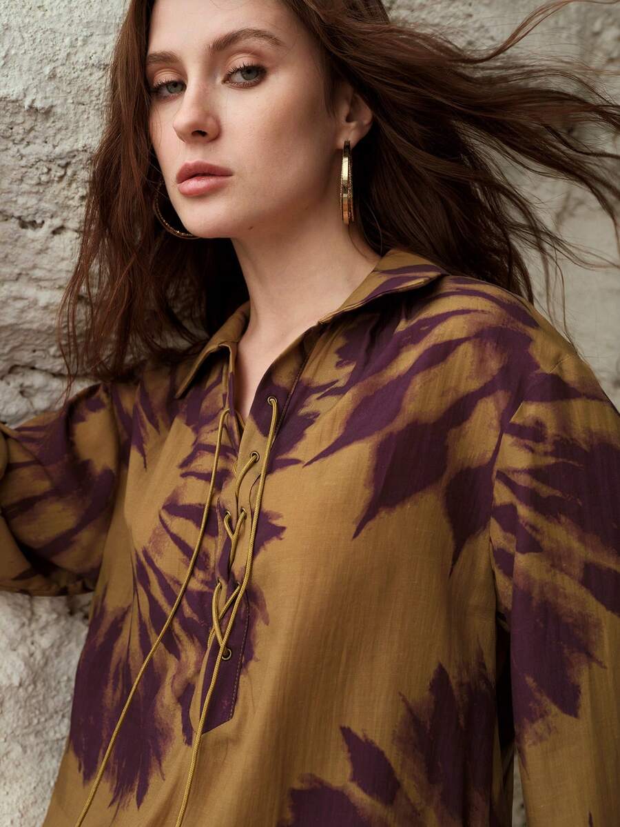 MOTF PREMIUM LINEN BLEND PRINTED LACE UP SHIRT, SPRING/SUMMER - Mustard Yellow - View 1