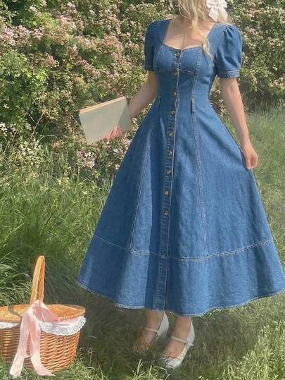 SHEIN Vestido largo de mezclilla para niña con cuello cuadrado, mangas de pétalos y botones lavados