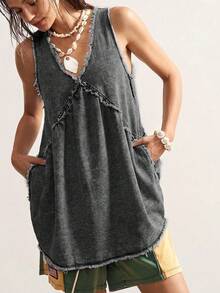 Bohemela Plus Size Solid Color Minimalist Sleeveless Denim Dress, Casual Everyday Wear - Black - View 6