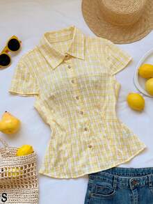 Comfortcana 女士格子短袖单排扣休闲衬衫 - 黃色 - 查看 5