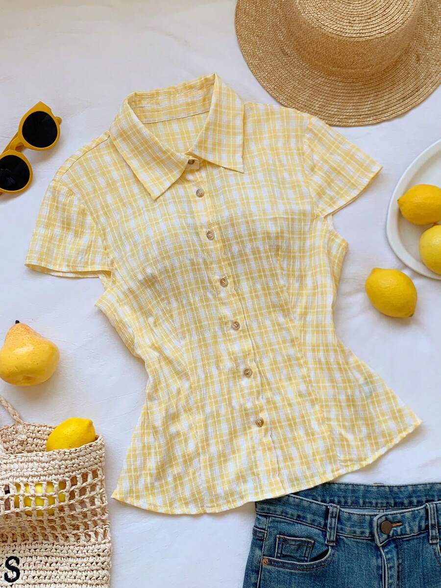 Comfortcana Women's Plaid Cap Sleeve Single-Breasted Casual Shirt - Yellow - View 1