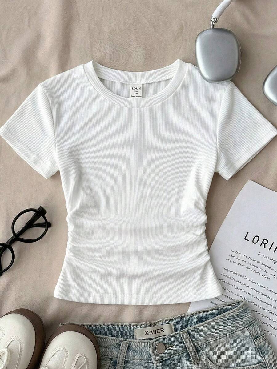SHEIN Áo thun ngắn tay màu trắng dáng suông, dễ phối đồ, dành cho nữ tuổi teen, có phần eo nhún bèo. - trắng - Xem 1
