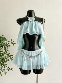 Aloruh Bộ áo liền quần đi biển hở lưng họa tiết hoa cho nữ, trang phục mùa hè, quần áo đi biển cho nữ, trang phục nghỉ mát, trang phục du lịch, phong cách boho nhiệt đới, trang phục nghỉ mát nhiệt đới cho nữ, bộ áo liền quần màu xanh nhạt xếp nếp với thiết kế hở lưng và họa tiết hoa 3D gợi cảm ở phía trước, hoàn hảo cho kỳ nghỉ. Áo croptop - Màu xanh lam - Xem 7