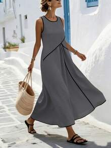 SHEIN Holidaya 女士优雅度假休闲圆领无袖黑色拼接宽松夏季纯色杏色连衣裙 - 灰色 - 查看 5