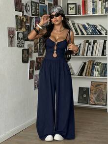 StreetHx Women's Casual Black Hollow Circle Decor Minimalist Jumpsuit, Suitable For Spring And Autumn - Navy Blue - View 3