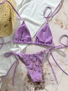 Swim Mod 两件式泳衣，纯色亮片纹理挂脖式文胸上衣和侧系带泳裤性感比基尼套装，春夏海滩度假女士比基尼套装，女士夏季服装，女士泳装套装，女士夏季套装，女士两件套 - 紫色 - 查看 2
