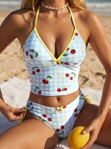 Swim Mod Women's Vacation Beach Plaid & Cherry Print Tankini Set - Multicolor - View 6