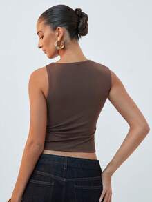 Hauture Women's Elegant Shades Of Brown Summer One Shoulder Ruched Front Twist Cropped Knit Top,Old Money Aesthetic High Neckline Bar Party Date Night Top - Brown - View 6